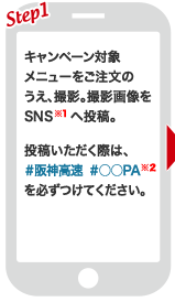 STEP1 キャンペーン対象メニューをご注文うえ撮影。撮影画像をSNS（※1）へ投稿。投稿いただく際は、#阪神高速 #○○PA　を必ずつけてください。